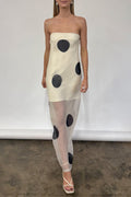 Polka Dot Strapless Sheer Overlay Bodycon Maxi Dress