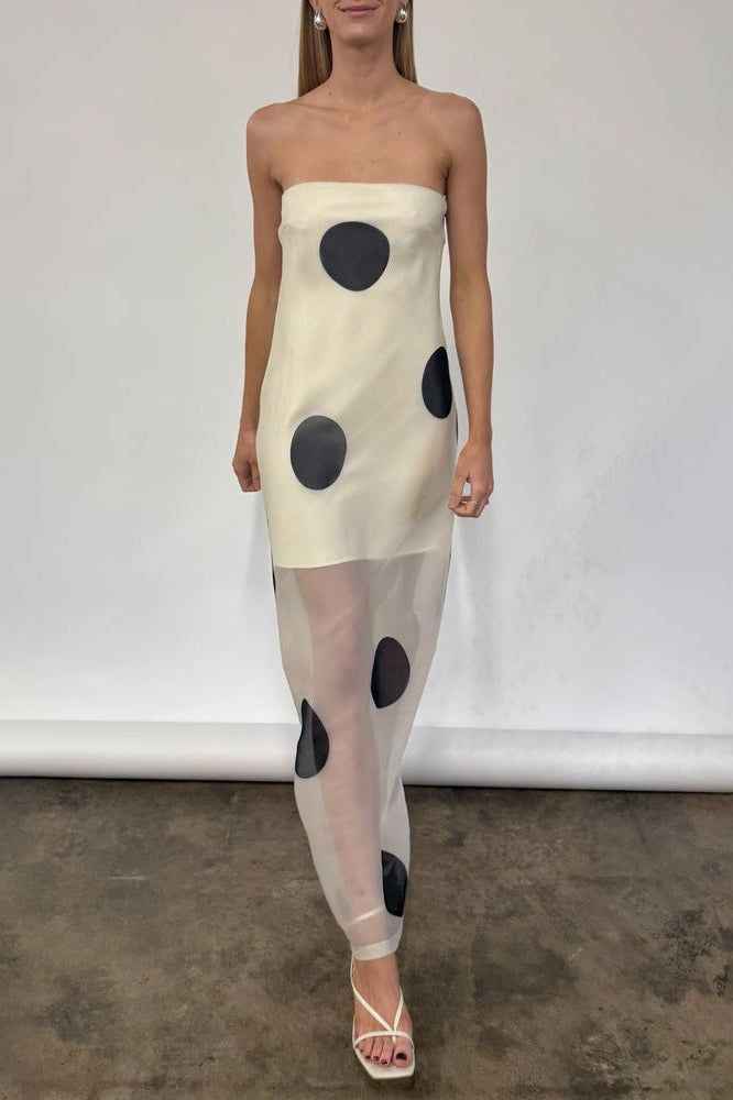 Polka Dot Strapless Sheer Overlay Bodycon Maxi Dress