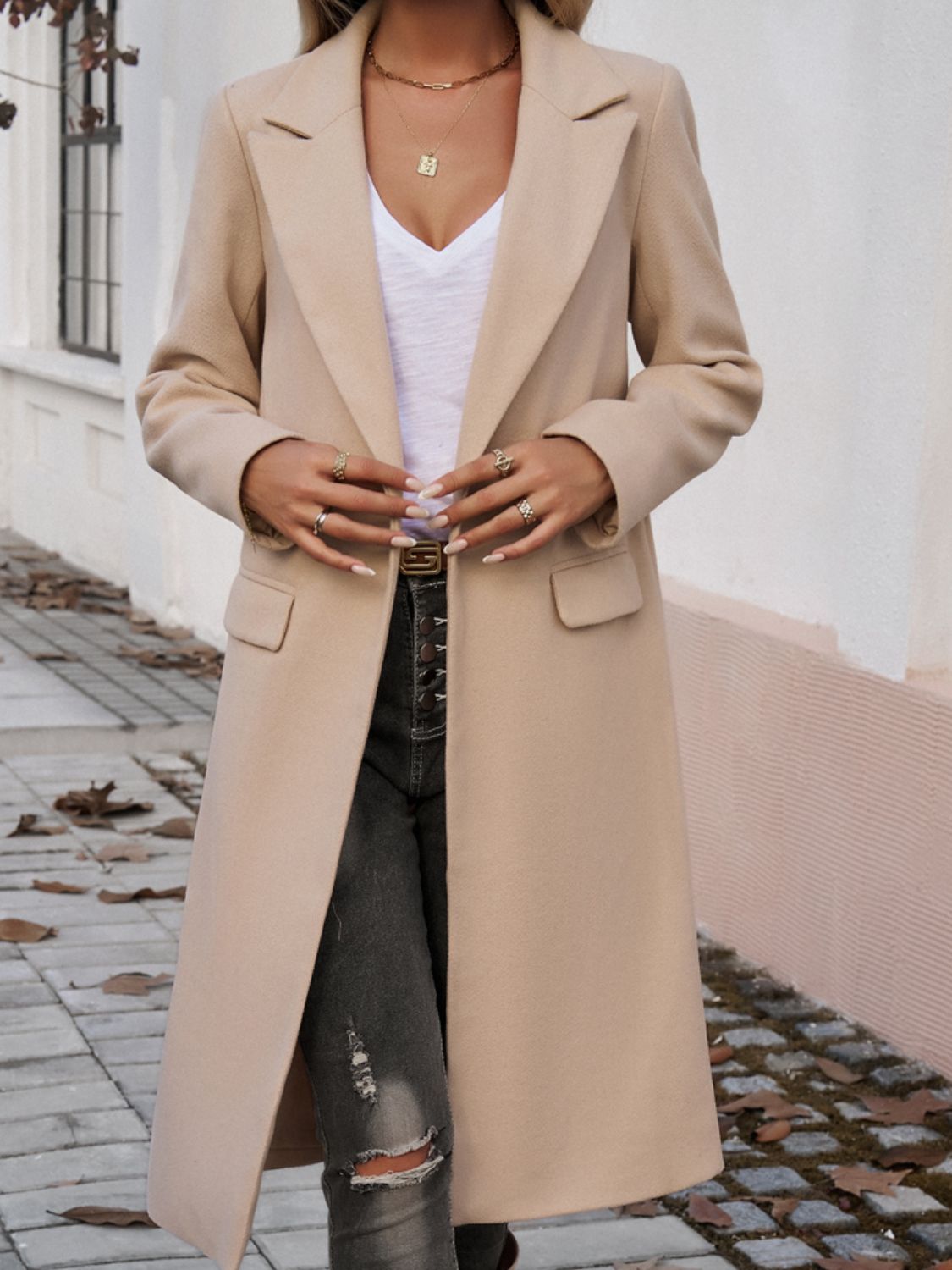 | Long Sleeve Coat with Pockets and Collar