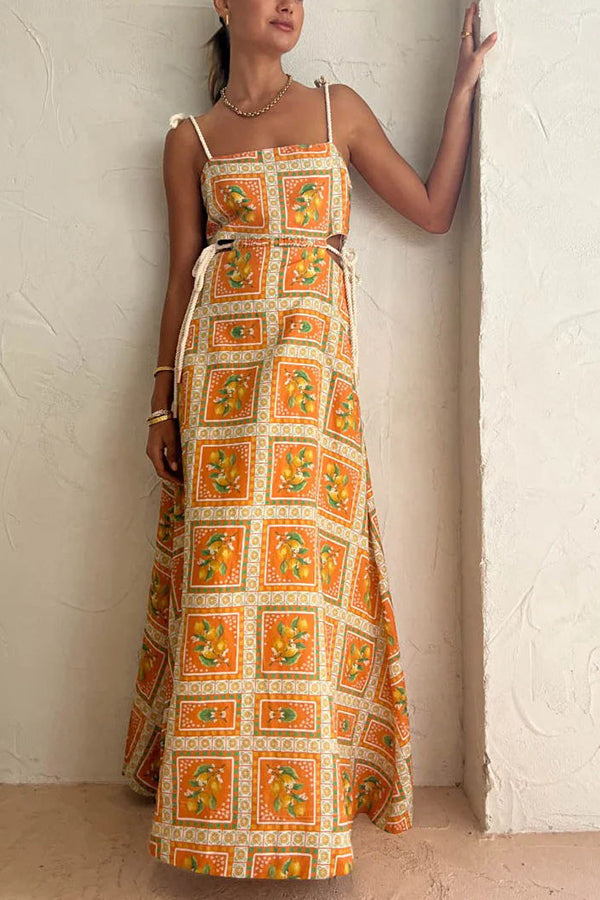 Lemon Print Square Neck Rope Tie Side Cut Out Maxi Dress