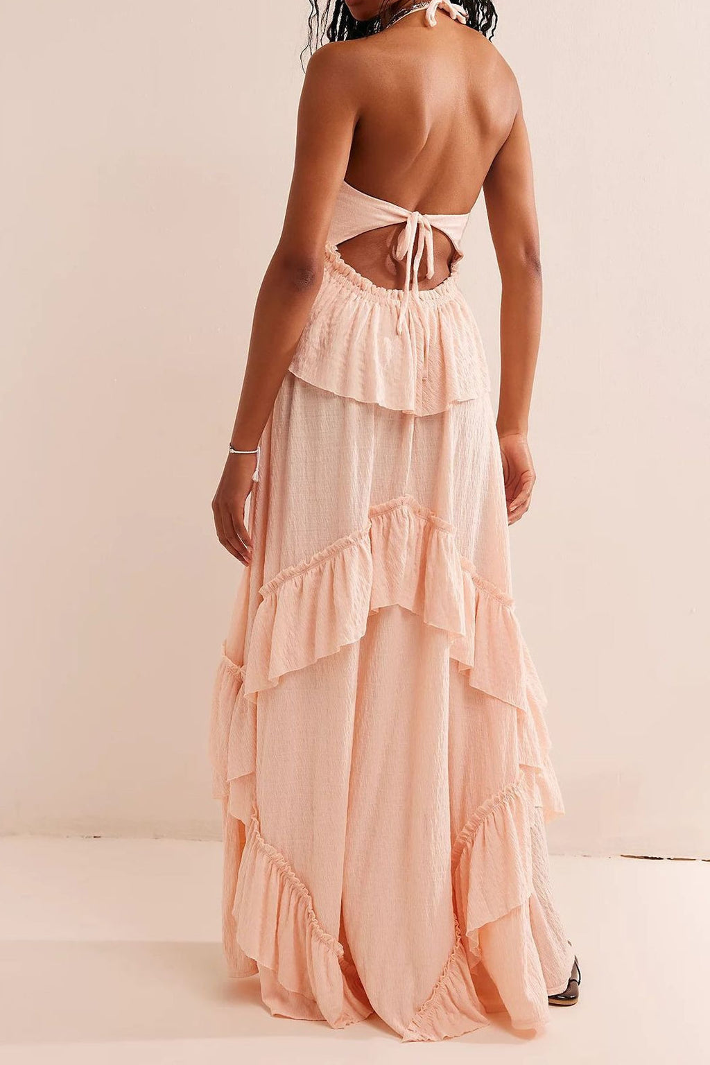 Halter Back Tie Tiered Ruffle Maxi Skirt Two Piece Set