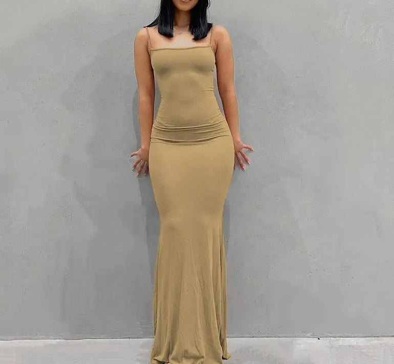 Knit Scoop Neck Spaghetti Strap Bodycon Maxi Slip Dress