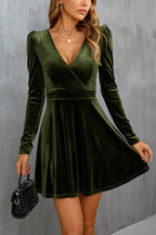 Velvet Surplice V-Neck Puff Sleeve Fit and Flare Mini Dress