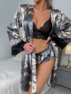 Floral Print Belted Satin Robe With Lingerie Set