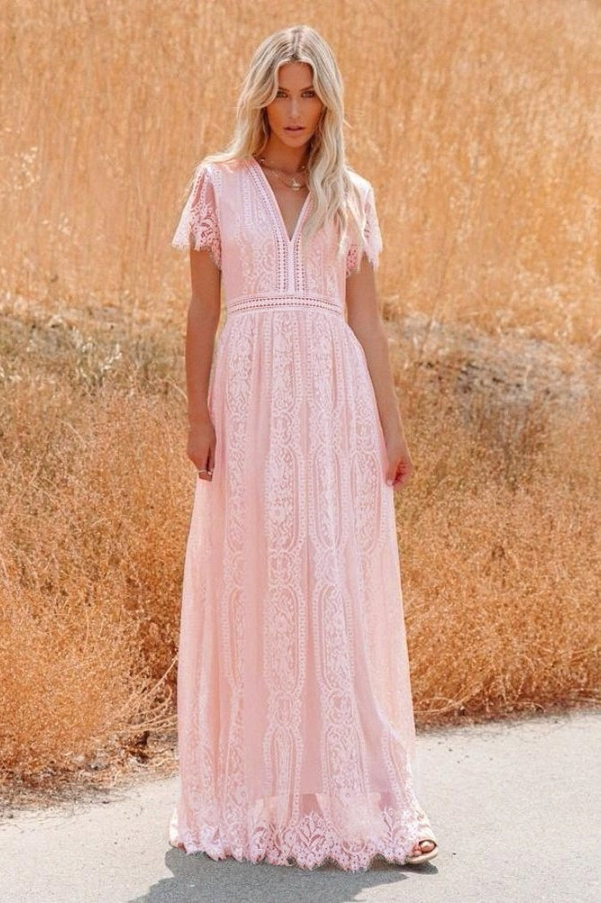 Deep V Neck Lace Cap Sleeve Empire Waist Scalloped Hem Maxi Dress