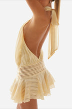 Elegant Halter Satin Jacquard Stripe Mini Dress