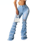 DressBetty - High Waist Stretch Denim Washed Destroyed Holes Ripped Tassel Skinny Flare Jeans