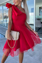 One Shoulder Oversized Bow Tulle Overlay Mini Dress