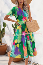 Paulette Contrast Floral Print Belted Pleated Midi Dress
