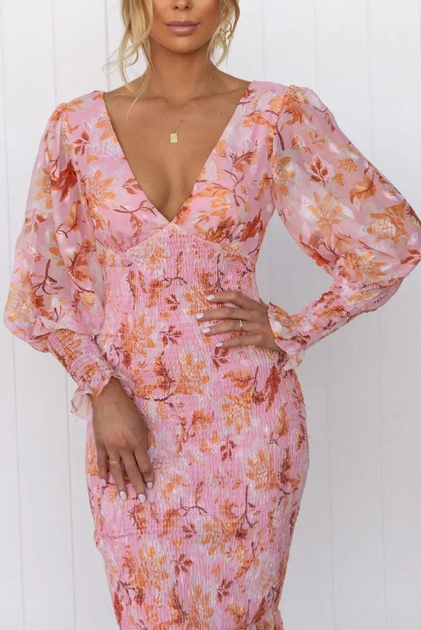 Deep V-Neck Smocked Floral Print Balloon Sleeve Ruffle Hem Mermaid Midi Dress
