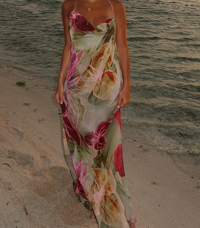 Floral Print Cowl Neck Spaghetti Strap Sheer Chiffon Maxi Dress