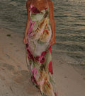 Floral Print Cowl Neck Spaghetti Strap Sheer Chiffon Maxi Dress