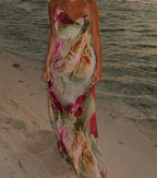 Floral Print Cowl Neck Spaghetti Strap Sheer Chiffon Maxi Dress