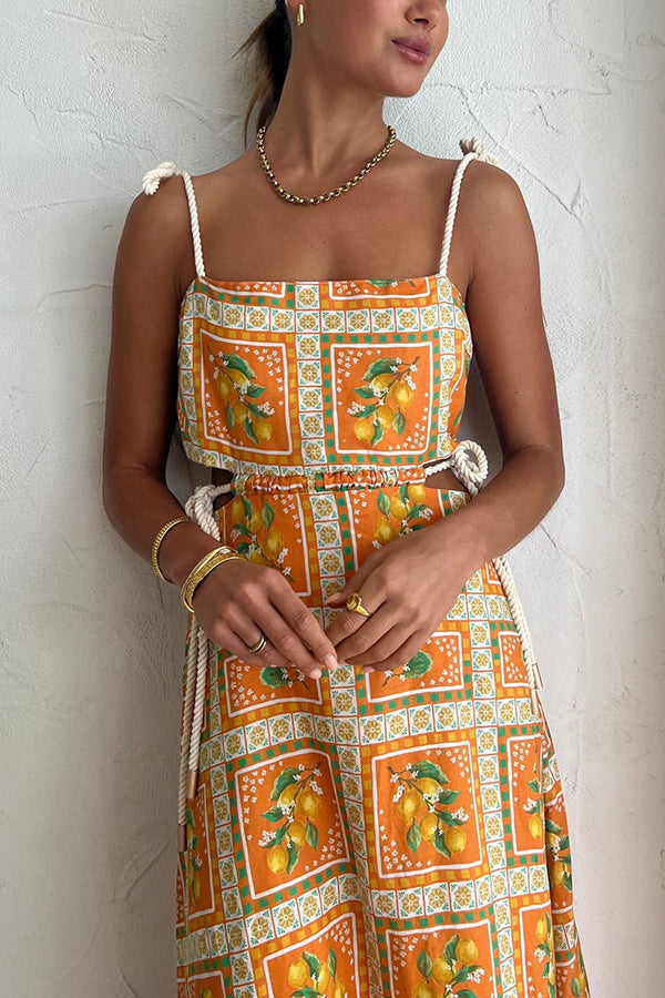 Lemon Print Square Neck Rope Tie Side Cut Out Maxi Dress