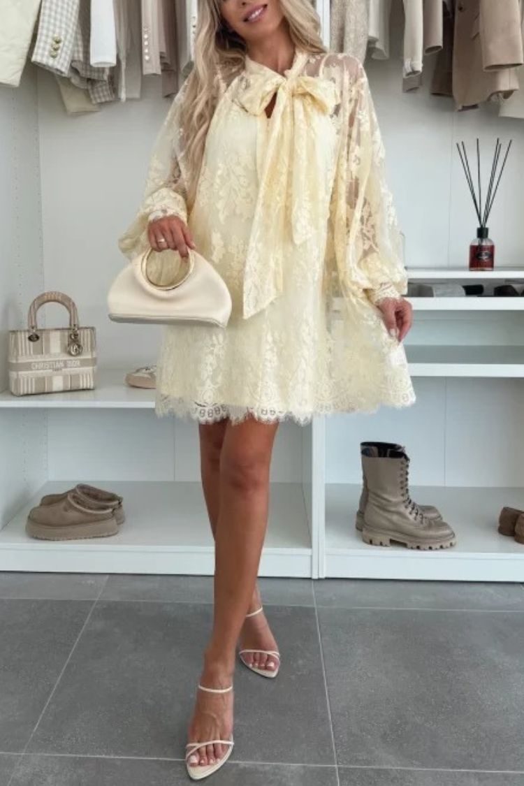 | A-line mini dress in night rose with lace bow and long balloon sleeves