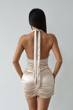 Satin Halter Neck Deep V-Neck Ruched Wrap Hem Bodycon Mini Dress