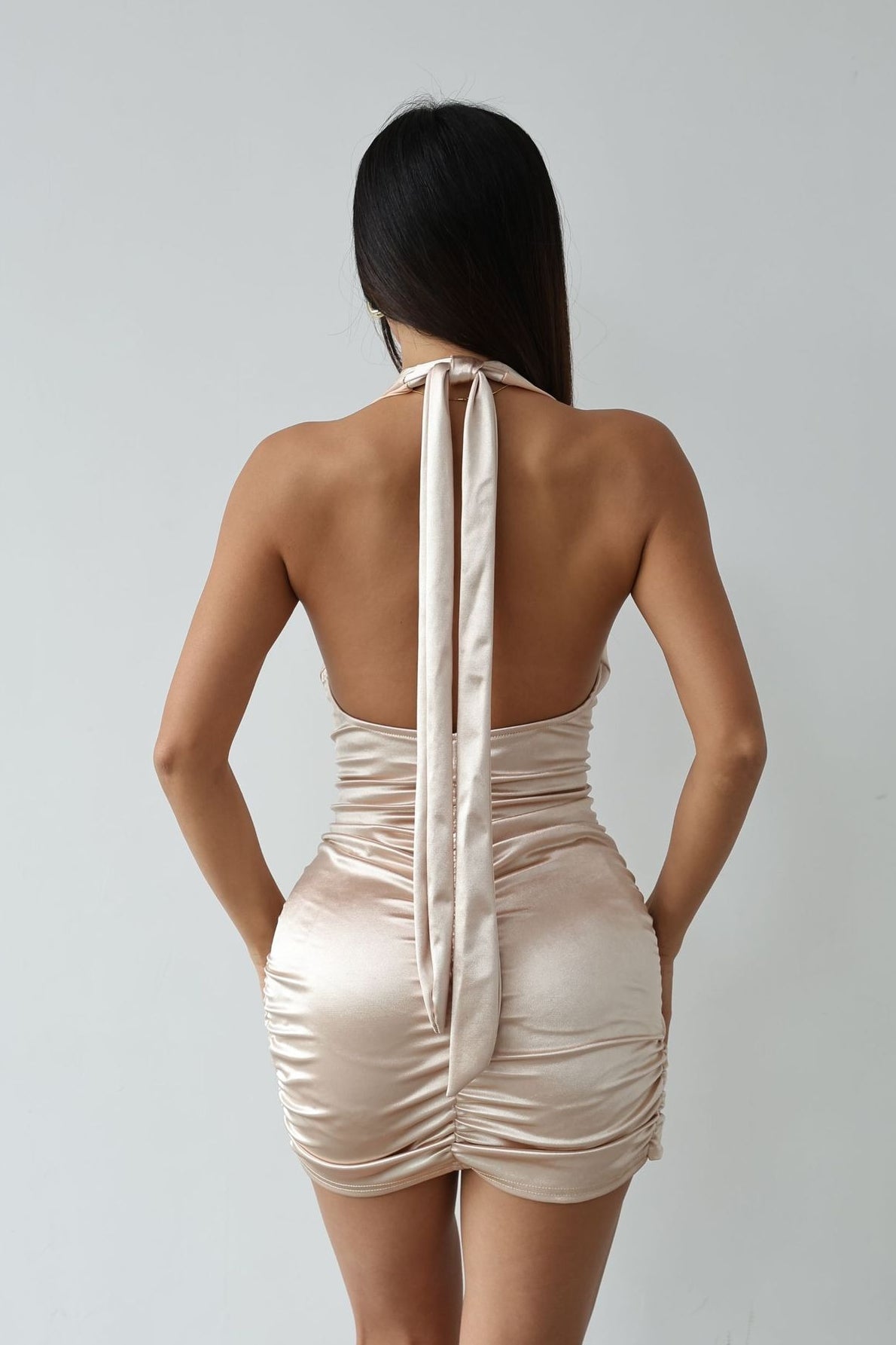 Satin Halter Neck Deep V-Neck Ruched Wrap Hem Bodycon Mini Dress