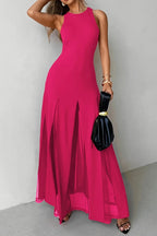 Solid Color Round Neck Sleeveless Slim Fit Sheer Patchwork Hem Maxi Dress
