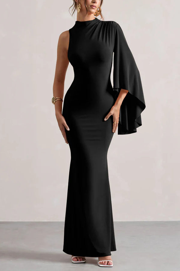 Mock Neck One Shoulder Ruffle Sleeve Mermaid Hem Maxi Gown