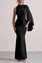 Mock Neck One Shoulder Ruffle Sleeve Mermaid Hem Maxi Gown