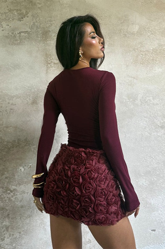 3D Rosette Applique High Waist Mini Skirt and Long Sleeve Top Two Piece Set