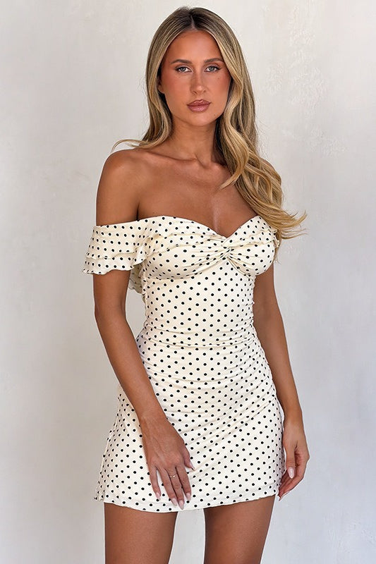 Off Shoulder Polka Dot Twist Front Ruffle Sleeve Bodycon Mini Dress