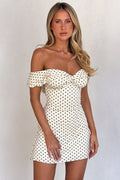 Off Shoulder Polka Dot Twist Front Ruffle Sleeve Bodycon Mini Dress