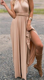 Convertible Wrap Strap Halter Waist Band High Slit Swing Maxi Dress