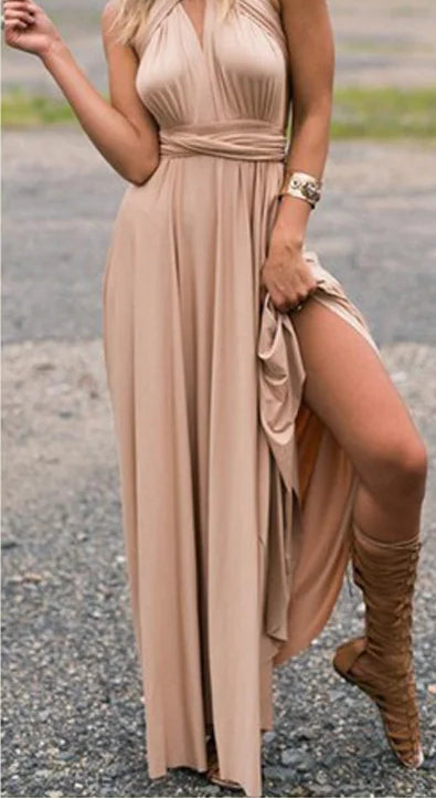 Convertible Wrap Strap Halter Waist Band High Slit Swing Maxi Dress
