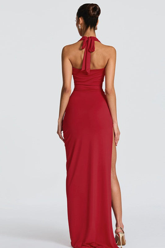 Halter Neck Deep V-Neck Cowl Draped Ruched Hip Knot High Split Maxi Dress