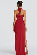 Halter Neck Deep V-Neck Cowl Draped Ruched Hip Knot High Split Maxi Dress