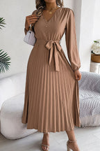 Deep V-Neck Bishop Sleeve Button Front Pleated Belted Midi Dress