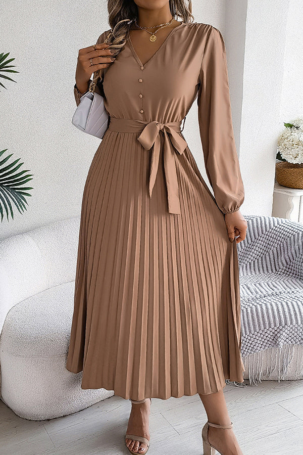 Deep V-Neck Bishop Sleeve Button Front Pleated Belted Midi Dress