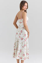 Pink Spaghetti Strap Deep V Lace Cup Floral Print Bodycon Maxi Dress