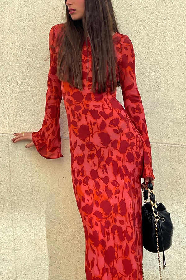 Floral Print Scoop Neck Bell Sleeve Bias Cut Maxi Dress