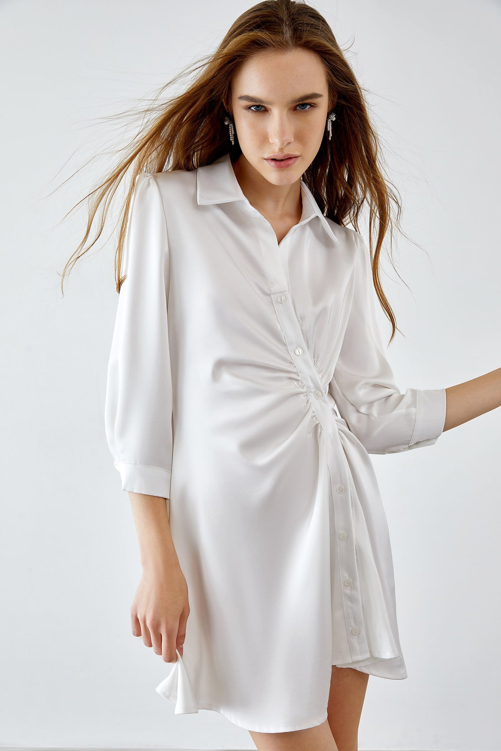 Collared Button Front Twist Waist Asymmetrical Hem Satin Shirt Mini Dress