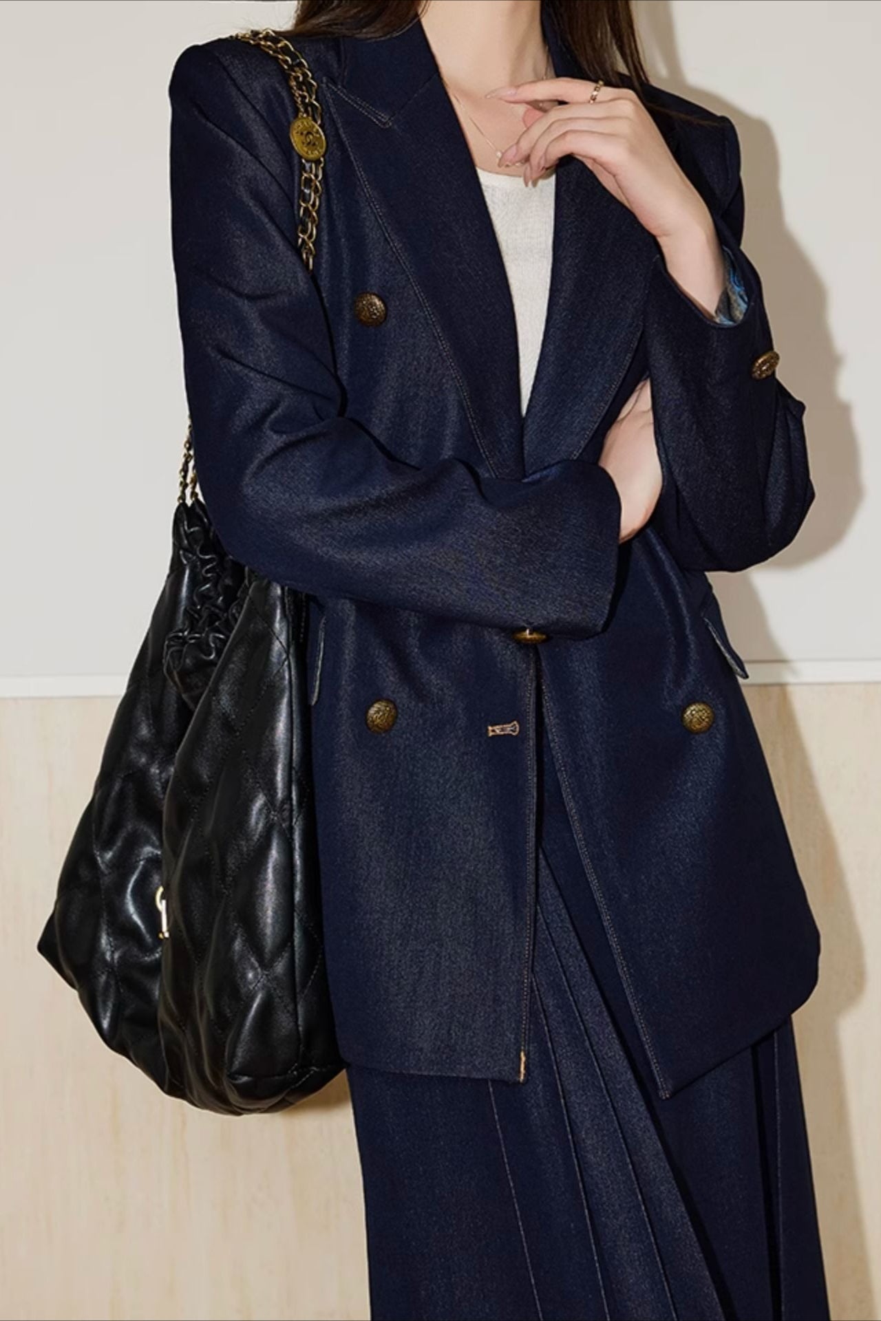 Textured Double Breasted Two Piece Blazer Skirt Set