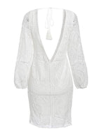 White Lace Boho Dress for Women - Backless Long Sleeve V Neck Mini Dress - Summer Beach Vacation Outfit 2026