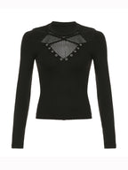 Grid Cross Stitching Long Sleeve Tee