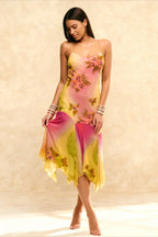Floral Print Halter Spaghetti Strap Asymmetric Handkerchief Hem Midi Dress