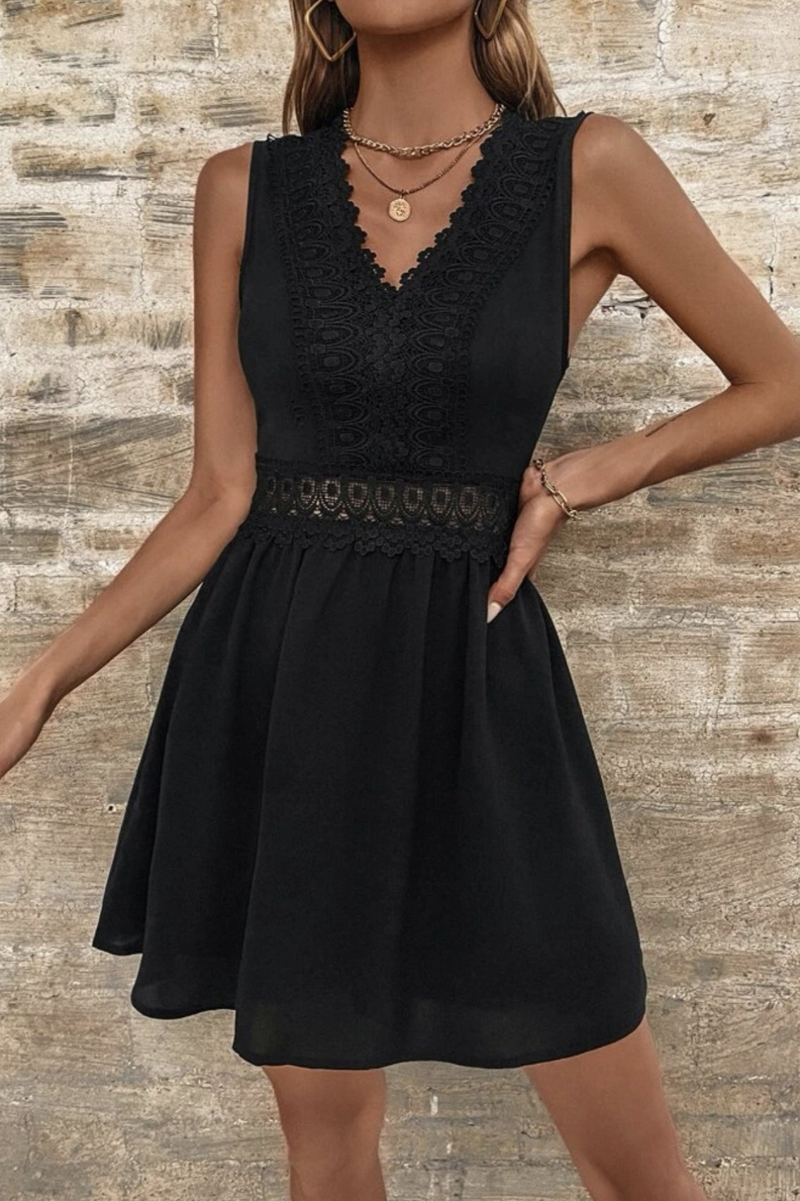 Deep V Neck Lace Trim Waistband Gathered A-Line Mini Dress