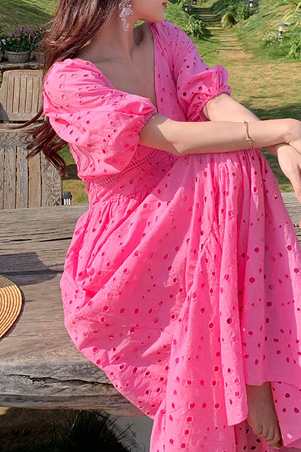 Eyelet Deep V-Neck Puff Sleeve Smocked Empire Waist Tiered Maxi Dress