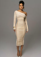 One Shoulder Long Sleeve Ruched Mesh Bodycon Midi Dress