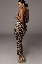 Leopard Print Deep V-Neck Asymmetrical Strap Bodycon Midi Dress