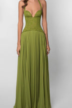 Halter Deep V Neck Lace Bodice Accordion Pleated Maxi Dress