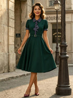 Vintage Dress Women's 1950s Swing Dress Polka Dot Collar Bow Tie Tea Party Midi Dress