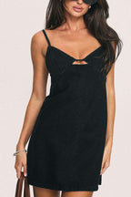 Spaghetti Strap V-Neck Center Cut Out Contrast Stitch Denim Mini Dress