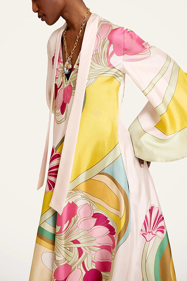 Darla Satin Colorful Baroque Style Printed Tie-up Neck Bell Sleeve Maxi Dress