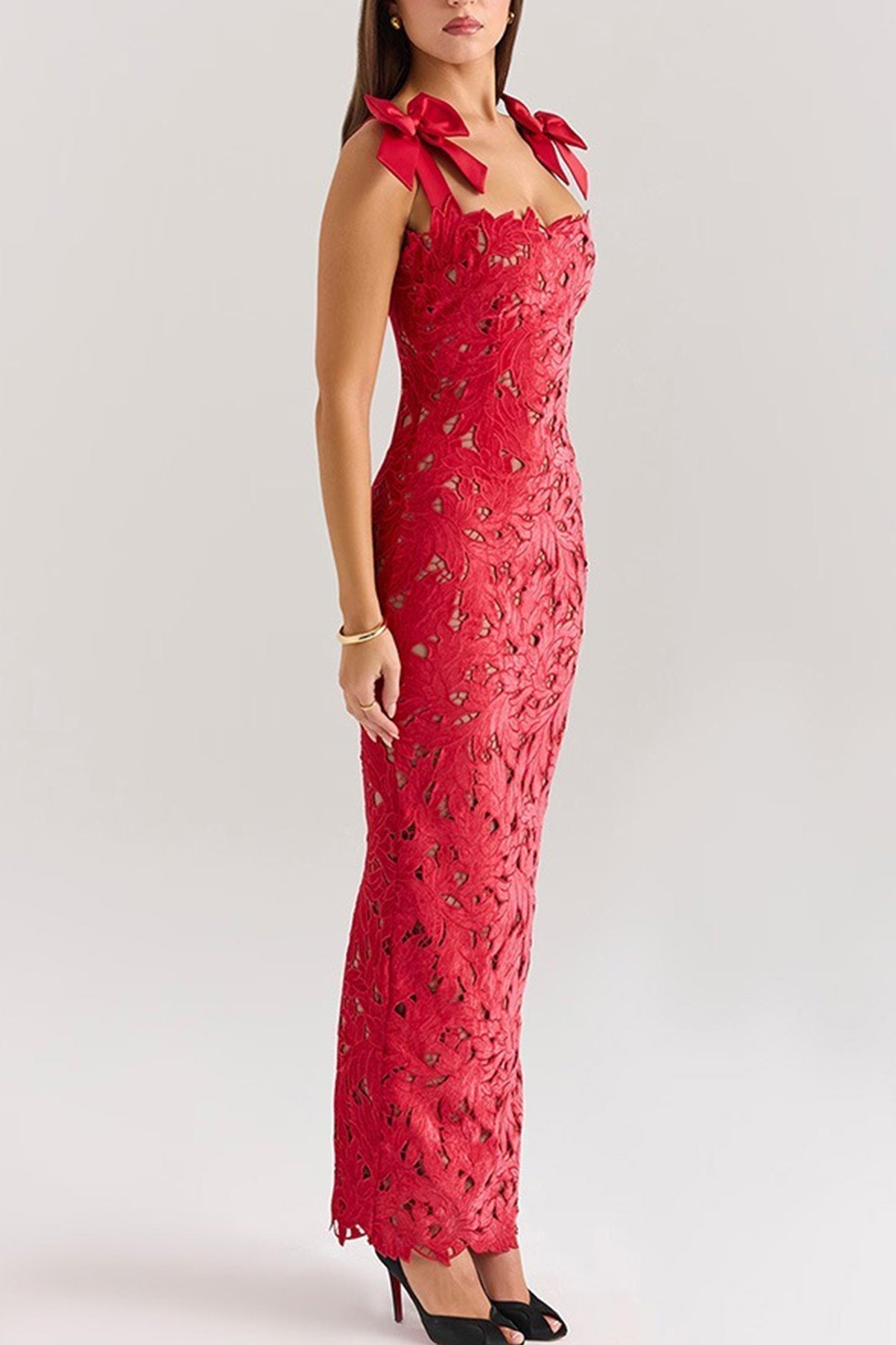 Lace Bow Shoulder Strap Sweetheart Neck Scalloped Bodycon Maxi Dress