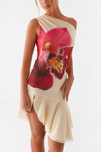 Orchid Floral Print One Shoulder Ruffle Handkerchief Hem Mini Dress